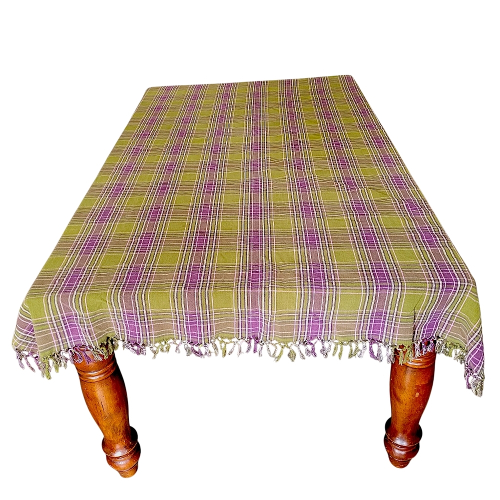 April Cornell Vintage Lavender and Olive Plaid Tablecloth 76" × 50"